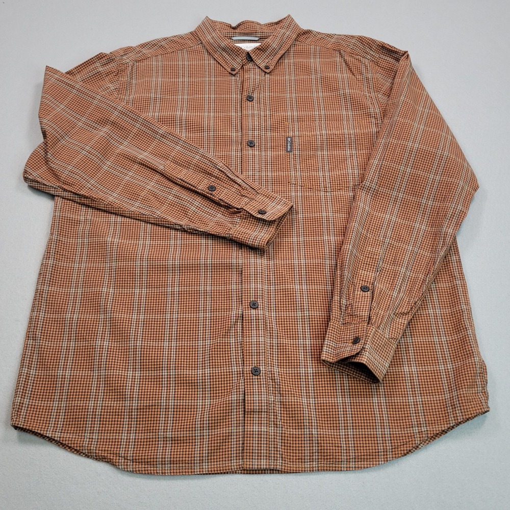 Columbia Sportswear Mens XL Orange Plaid Long Sleeve Button Down Cotton Shirt‎